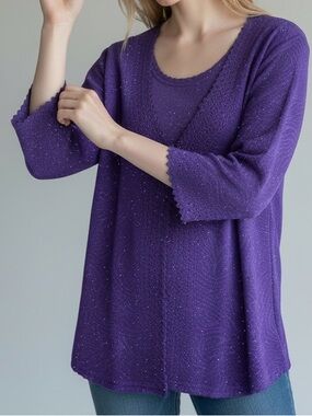 NWT, Rebecca Malone, Textured Sparkle V-Neck, 2 in 1 Illusion Top XL